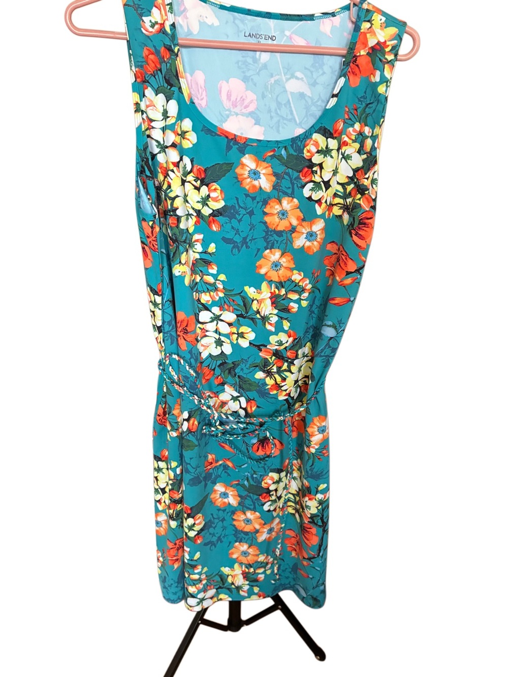 Lands' End Teal Floral Sleeveless Midi Dress with Orange & Yellow Blooms